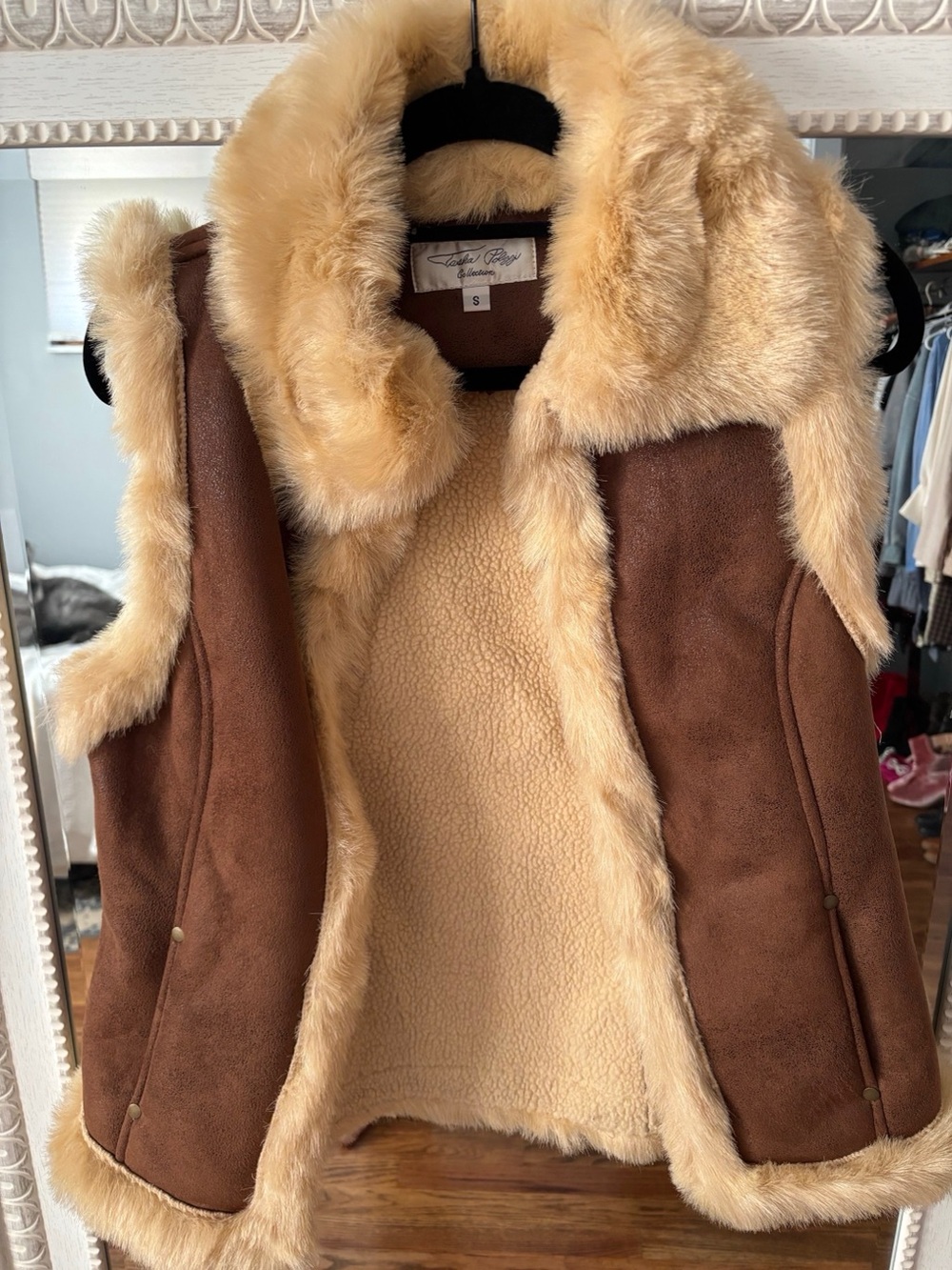 Tasha Polizzi Brown Suede Vest with Cream Faux Fur Trim